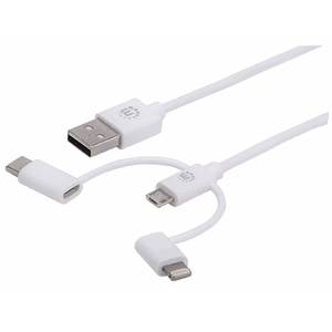 Kabel 3-v-1 USB A/Lightning,Micro-B in C MANHATTAN, moški/moški, moški, moški, 1m, bele barve